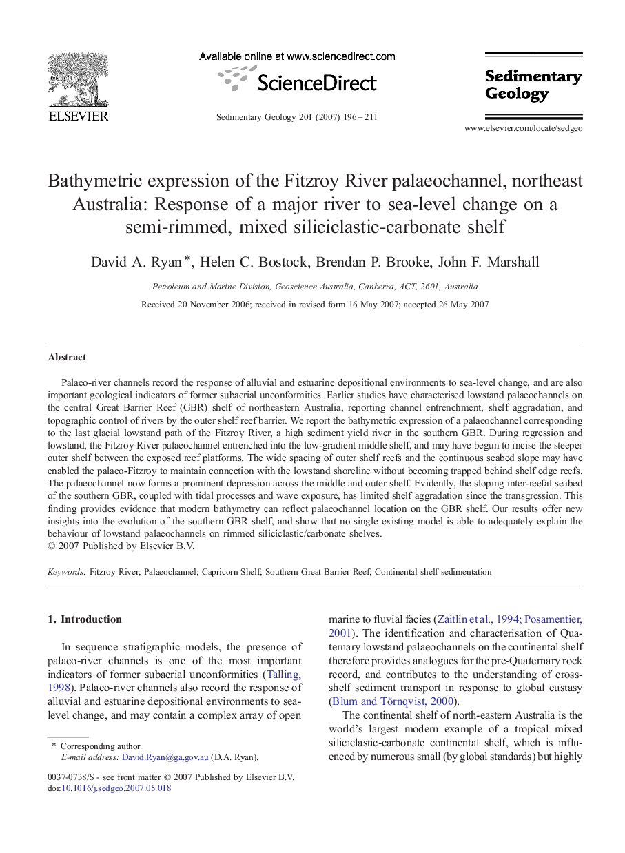 Bathymetric expression of the Fitzroy River palaeochannel, northeast Australia: Response of a major river to sea-level change on a semi-rimmed, mixed siliciclastic-carbonate shelf