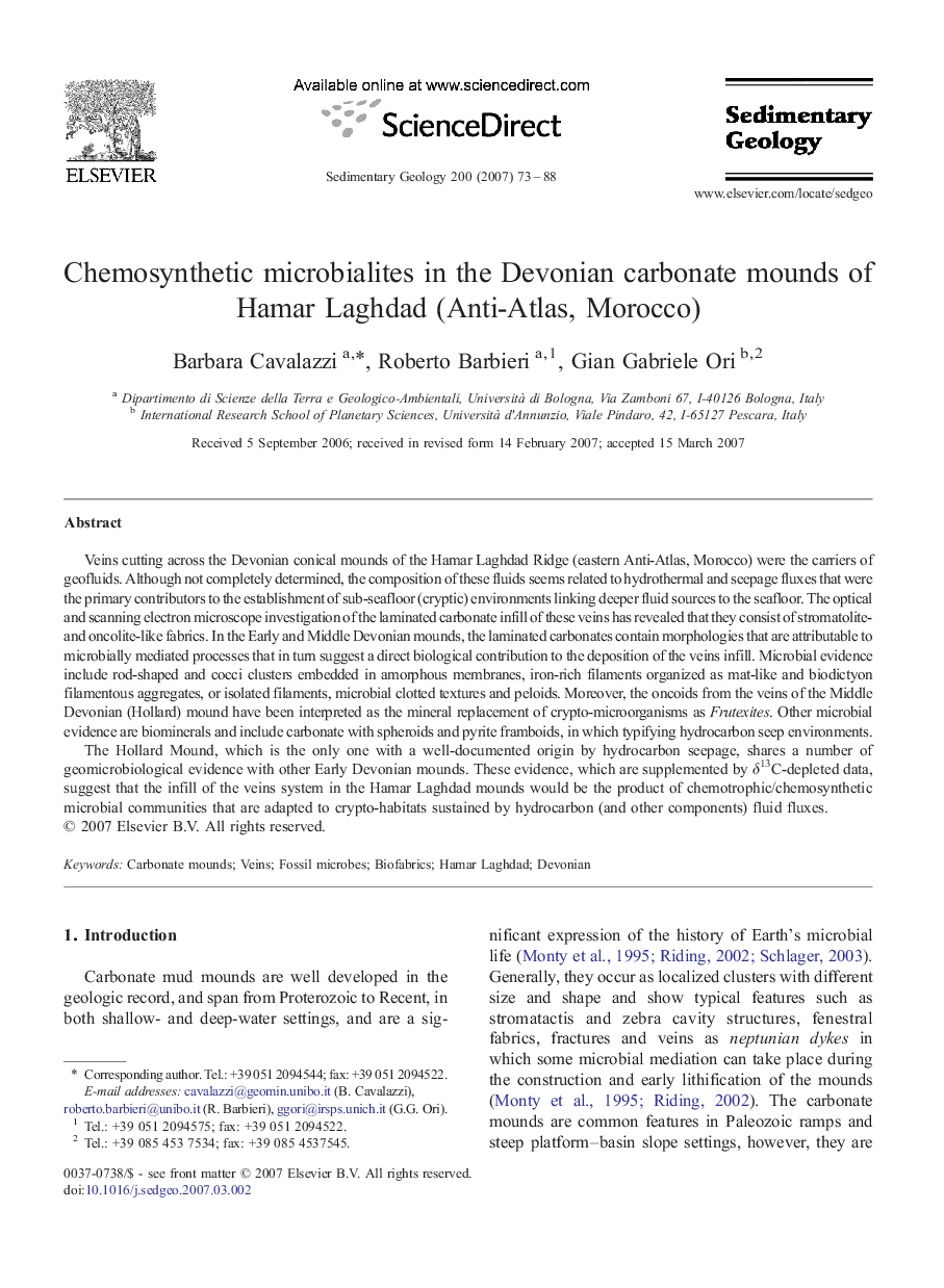 Chemosynthetic microbialites in the Devonian carbonate mounds of Hamar Laghdad (Anti-Atlas, Morocco)