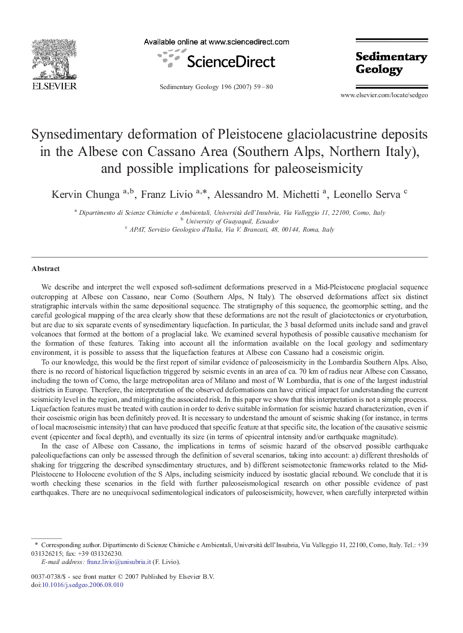 Synsedimentary deformation of Pleistocene glaciolacustrine deposits in the Albese con Cassano Area (Southern Alps, Northern Italy), and possible implications for paleoseismicity