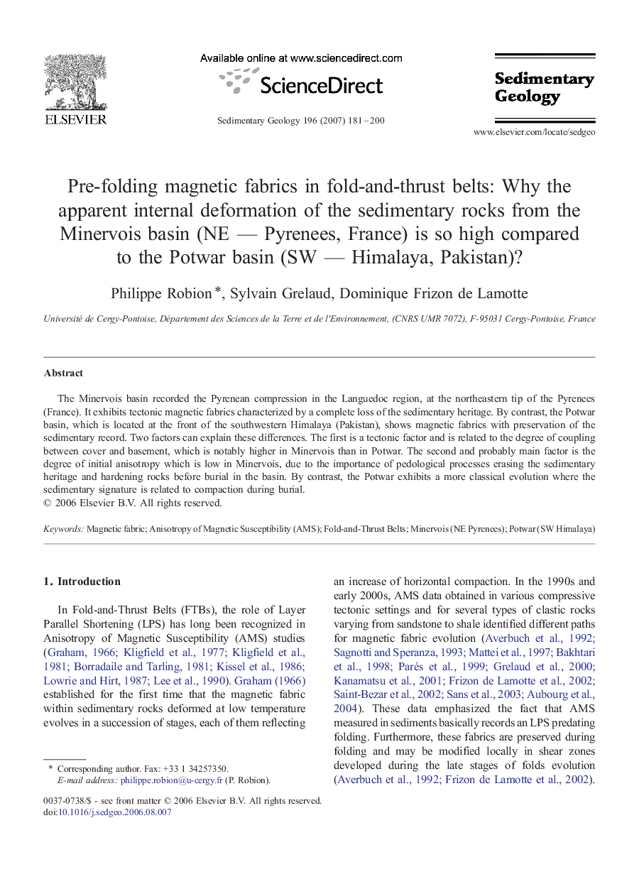 Pre-folding magnetic fabrics in fold-and-thrust belts: Why the apparent internal deformation of the sedimentary rocks from the Minervois basin (NE — Pyrenees, France) is so high compared to the Potwar basin (SW — Himalaya, Pakistan)?