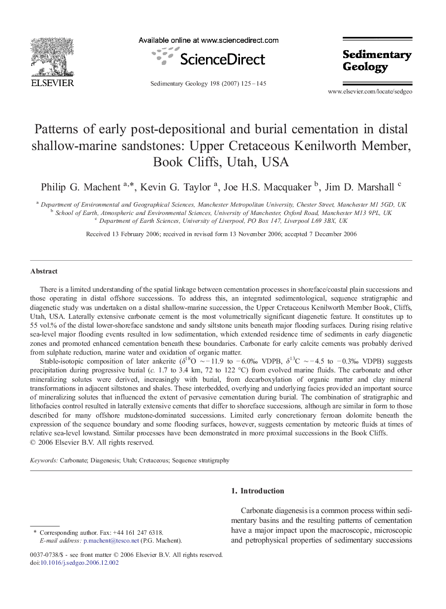 Patterns of early post-depositional and burial cementation in distal shallow-marine sandstones: Upper Cretaceous Kenilworth Member, Book Cliffs, Utah, USA