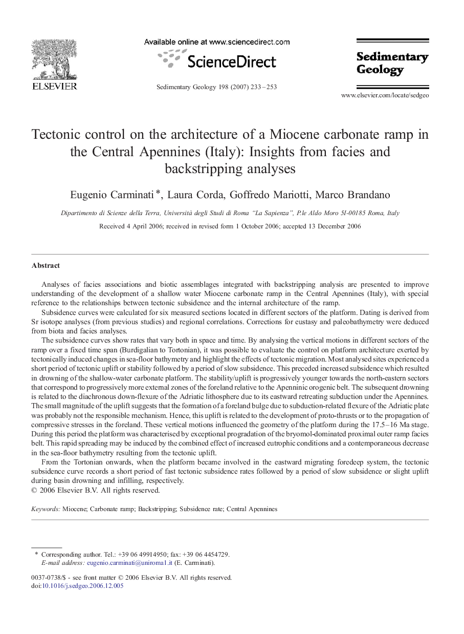 Tectonic control on the architecture of a Miocene carbonate ramp in the Central Apennines (Italy): Insights from facies and backstripping analyses