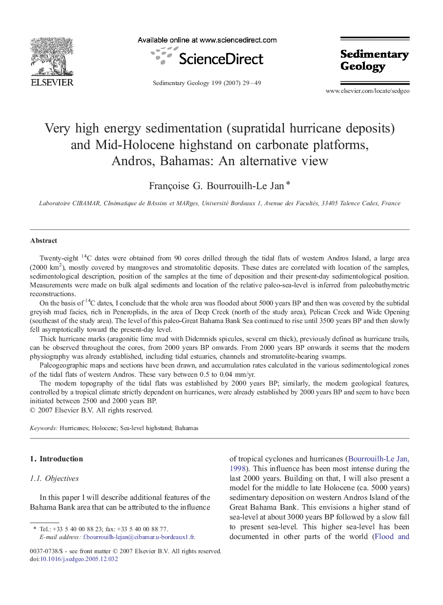 Very high energy sedimentation (supratidal hurricane deposits) and Mid-Holocene highstand on carbonate platforms, Andros, Bahamas: An alternative view