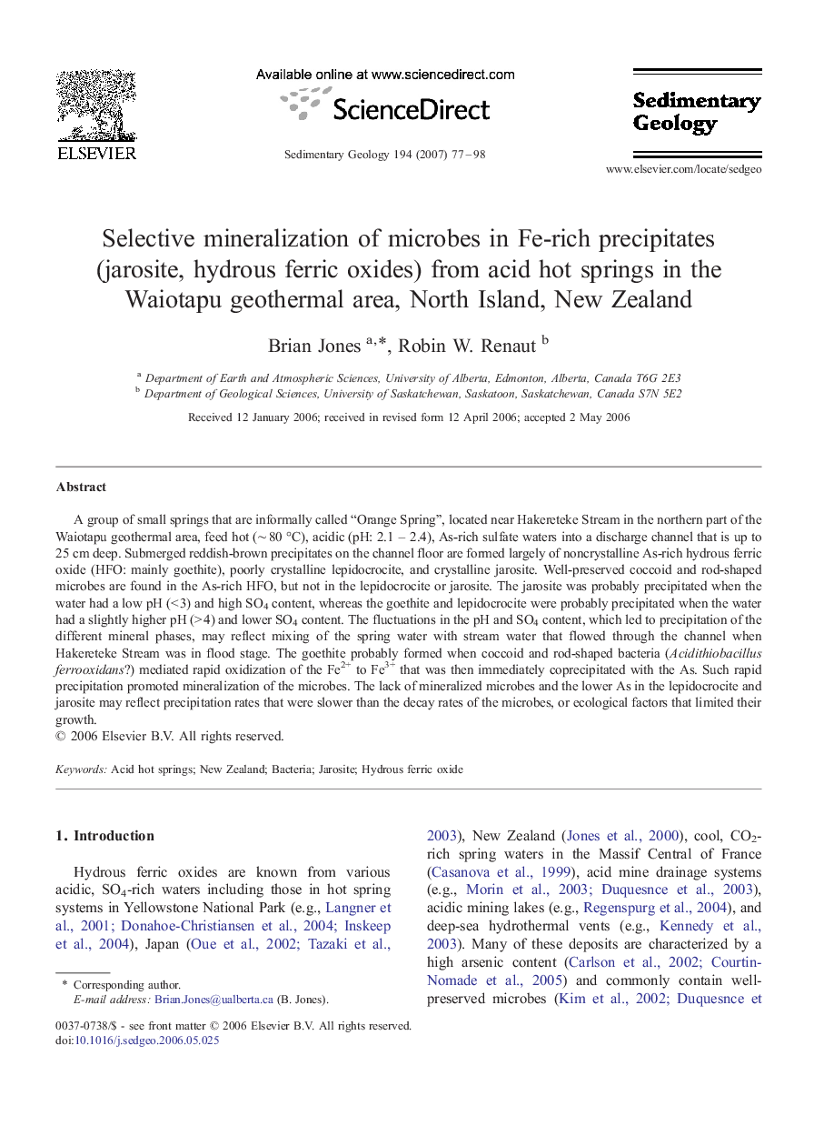 Selective mineralization of microbes in Fe-rich precipitates (jarosite, hydrous ferric oxides) from acid hot springs in the Waiotapu geothermal area, North Island, New Zealand