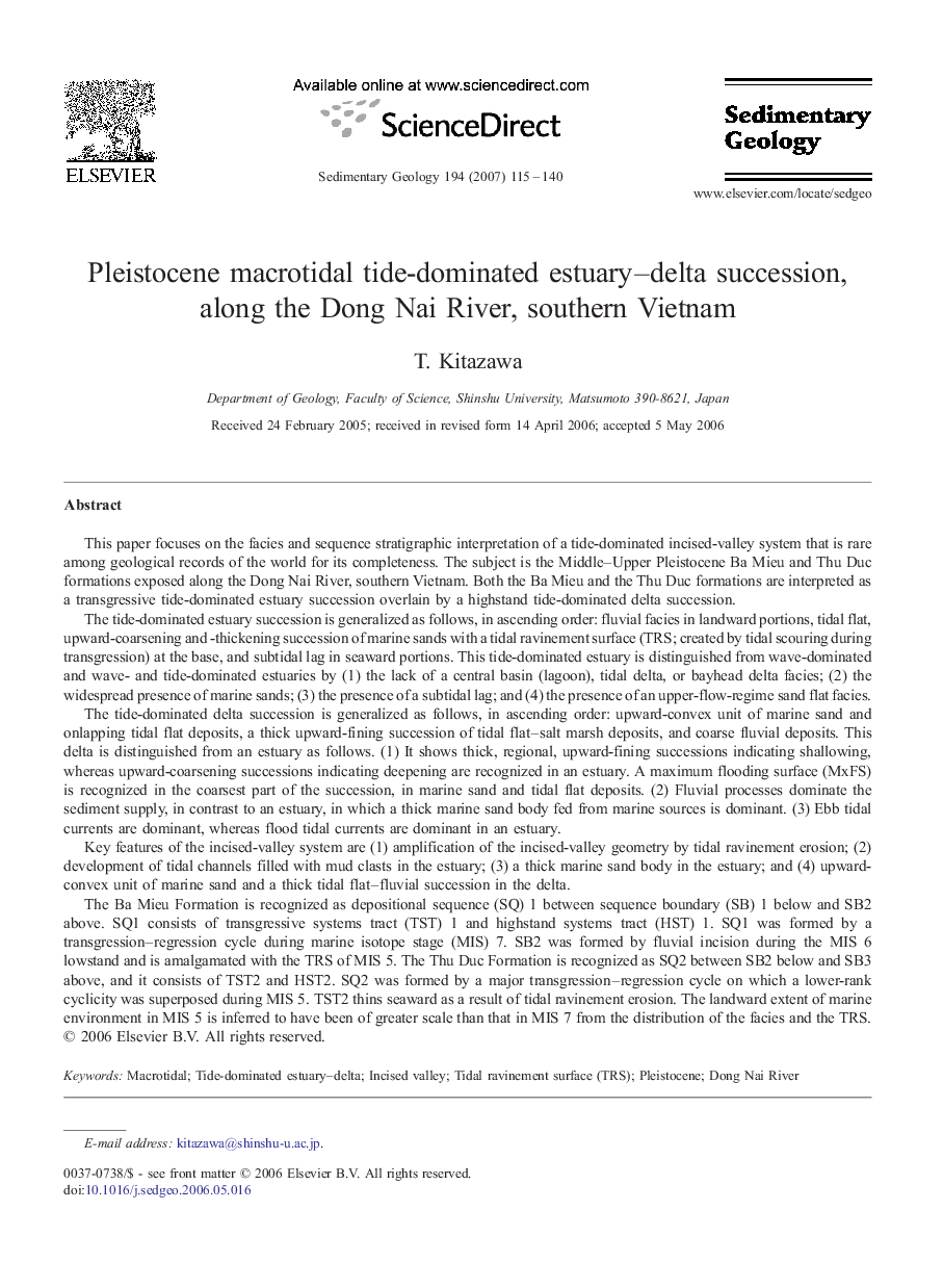 Pleistocene macrotidal tide-dominated estuary–delta succession, along the Dong Nai River, southern Vietnam