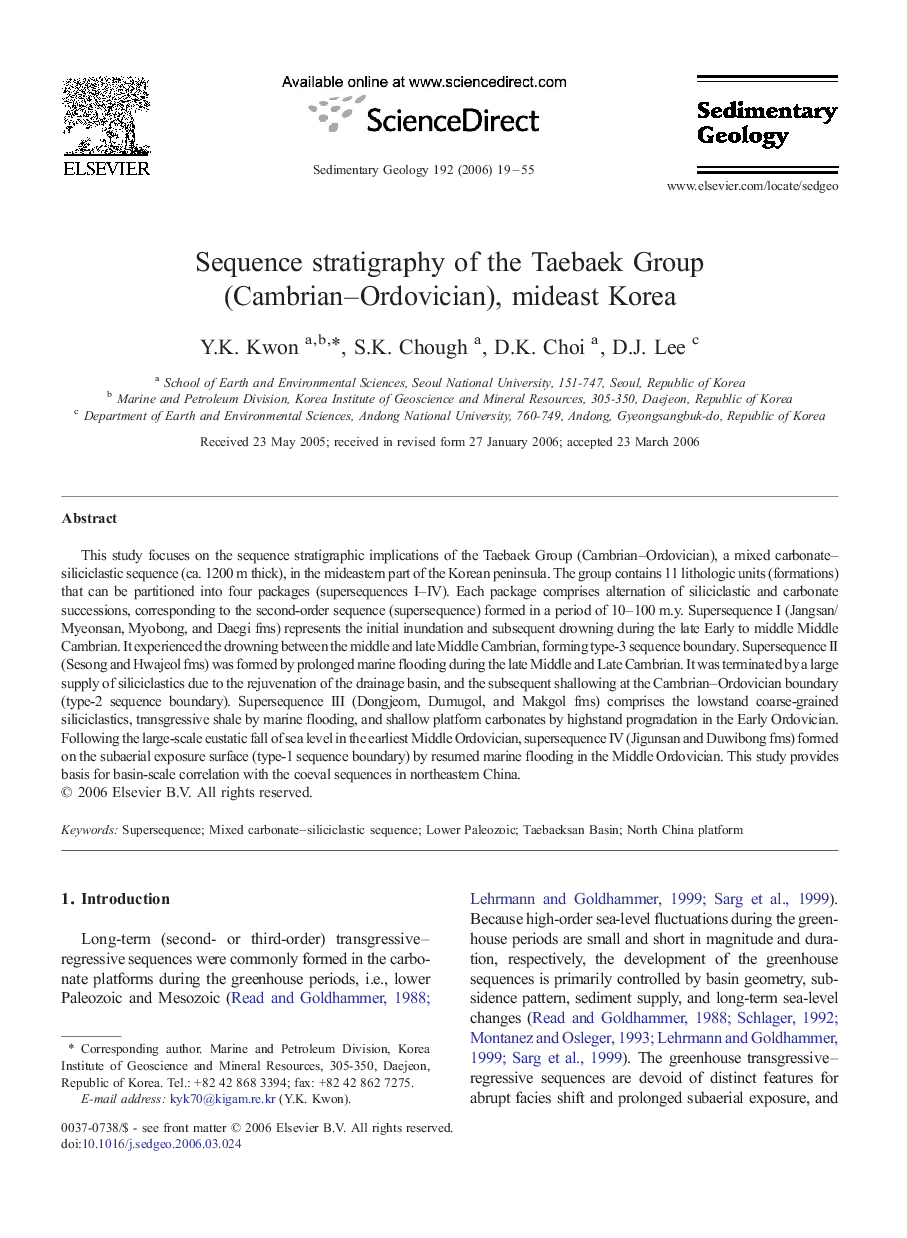 Sequence stratigraphy of the Taebaek Group (Cambrian–Ordovician), mideast Korea