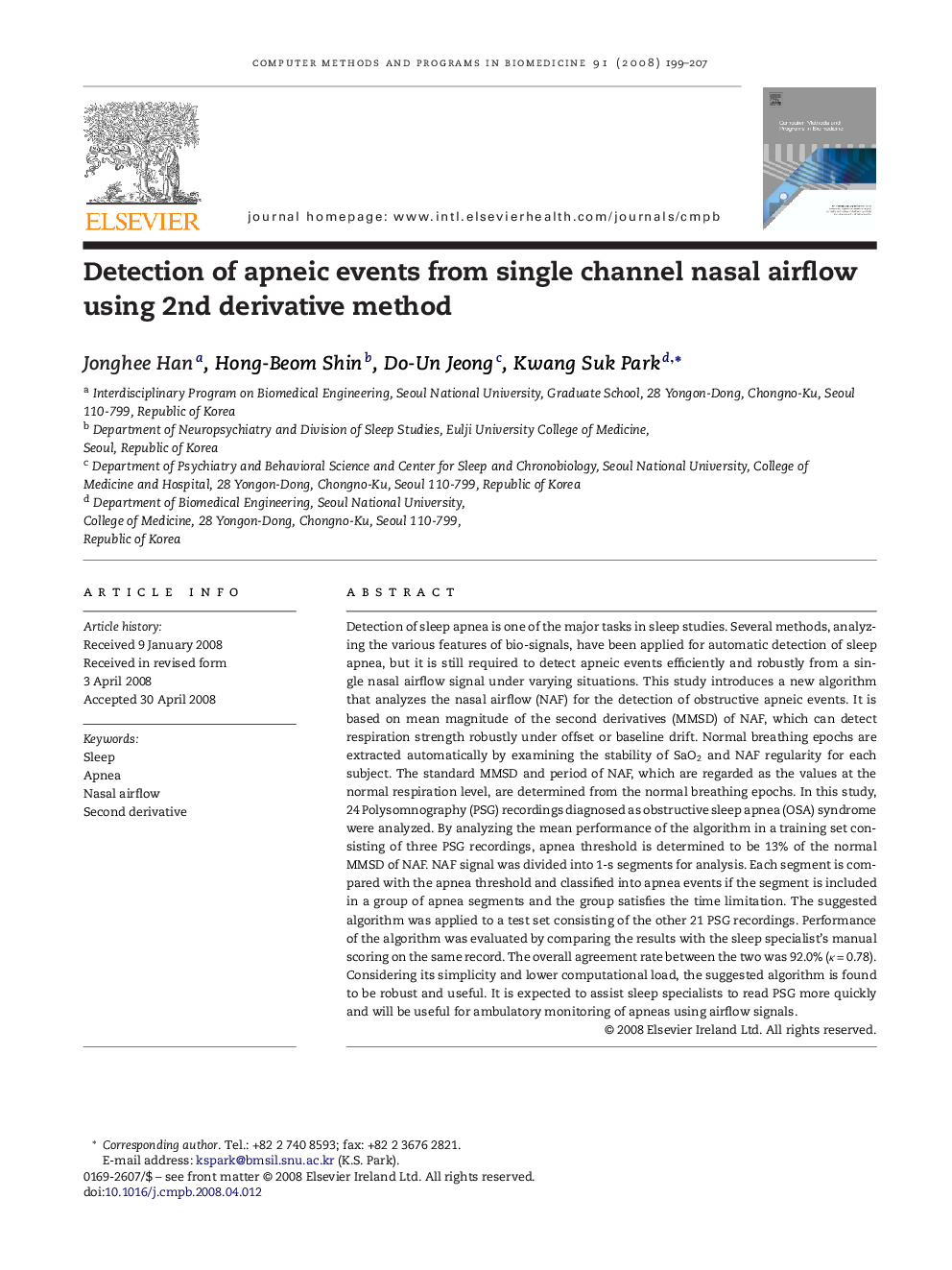 Detection of apneic events from single channel nasal airflow using 2nd derivative method