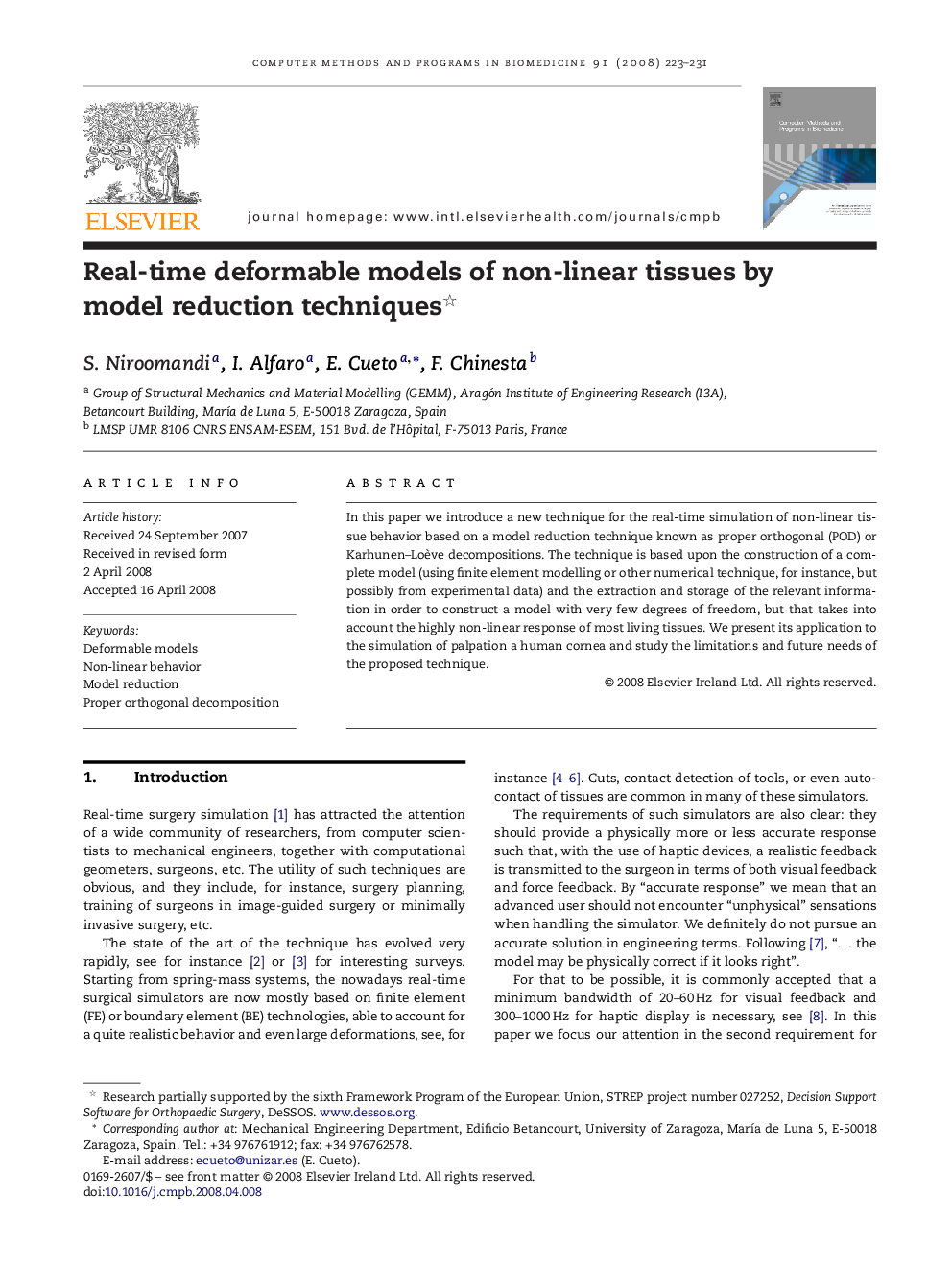 Real-time deformable models of non-linear tissues by model reduction techniques 