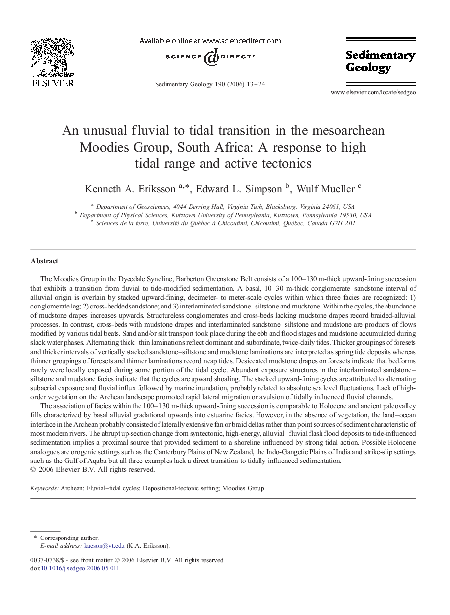 An unusual fluvial to tidal transition in the mesoarchean Moodies Group, South Africa: A response to high tidal range and active tectonics