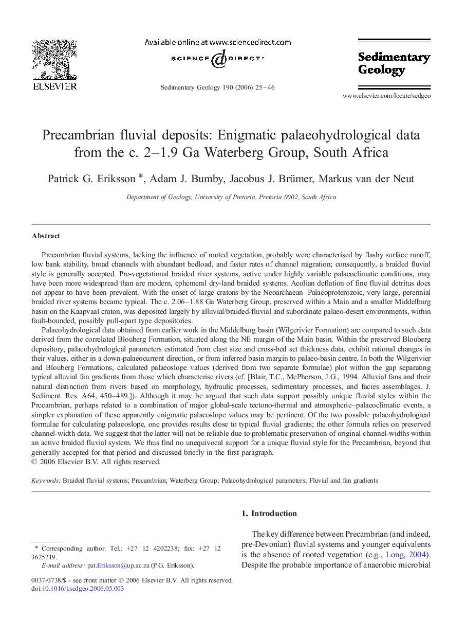 Precambrian fluvial deposits: Enigmatic palaeohydrological data from the c. 2–1.9 Ga Waterberg Group, South Africa