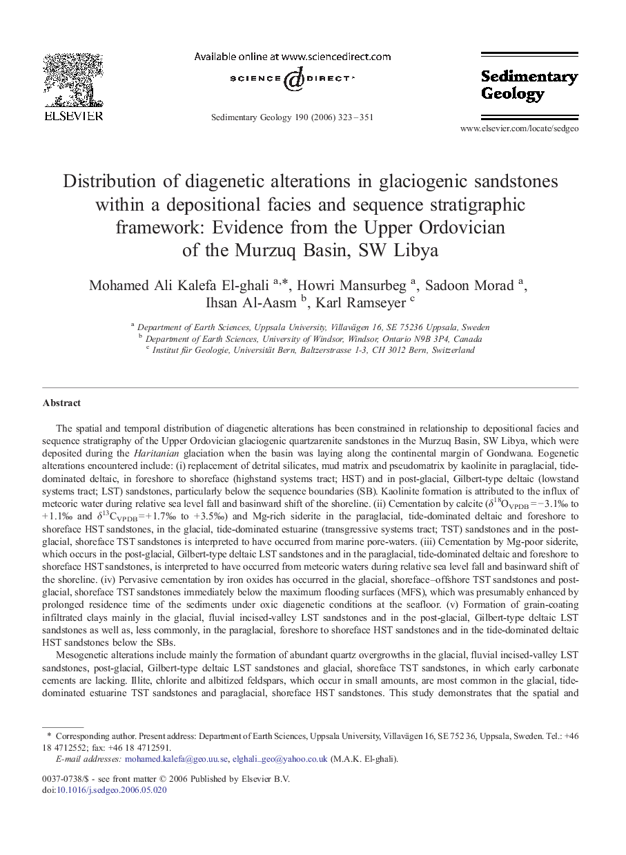 Distribution of diagenetic alterations in glaciogenic sandstones within a depositional facies and sequence stratigraphic framework: Evidence from the Upper Ordovician of the Murzuq Basin, SW Libya