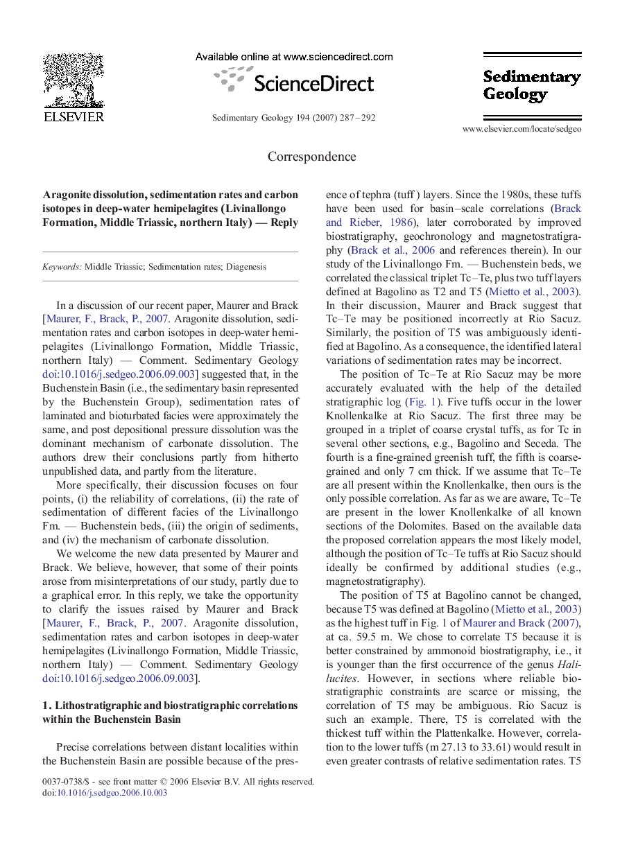 Aragonite dissolution, sedimentation rates and carbon isotopes in deep-water hemipelagites (Livinallongo Formation, Middle Triassic, northern Italy) - Reply