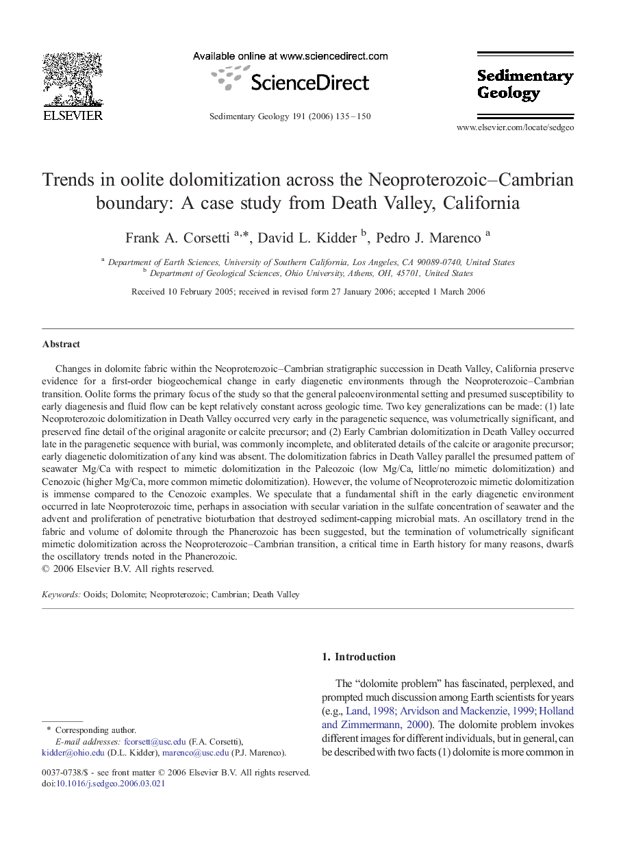 Trends in oolite dolomitization across the Neoproterozoic–Cambrian boundary: A case study from Death Valley, California