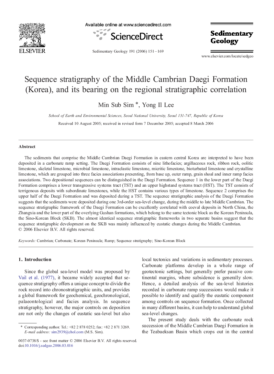 Sequence stratigraphy of the Middle Cambrian Daegi Formation (Korea), and its bearing on the regional stratigraphic correlation