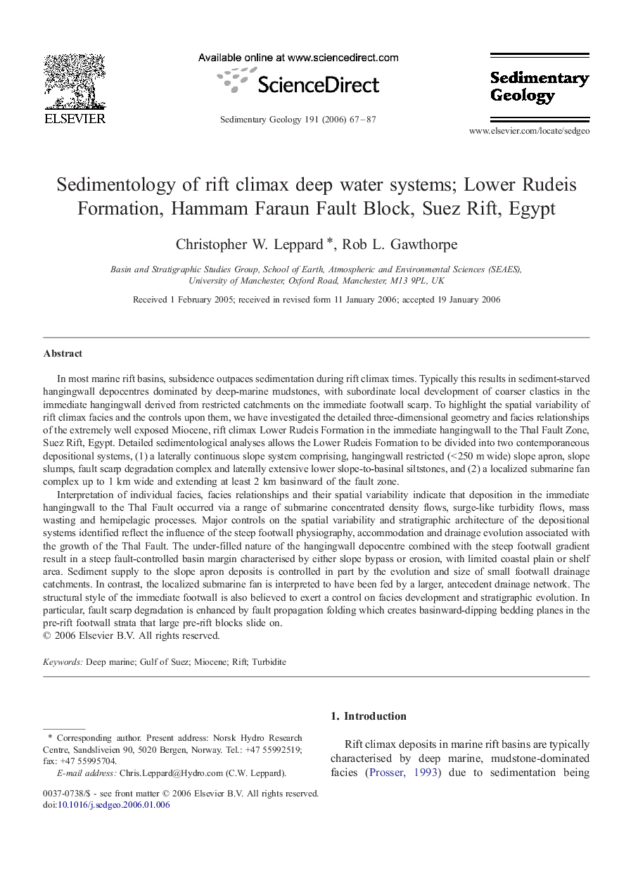 Sedimentology of rift climax deep water systems; Lower Rudeis Formation, Hammam Faraun Fault Block, Suez Rift, Egypt