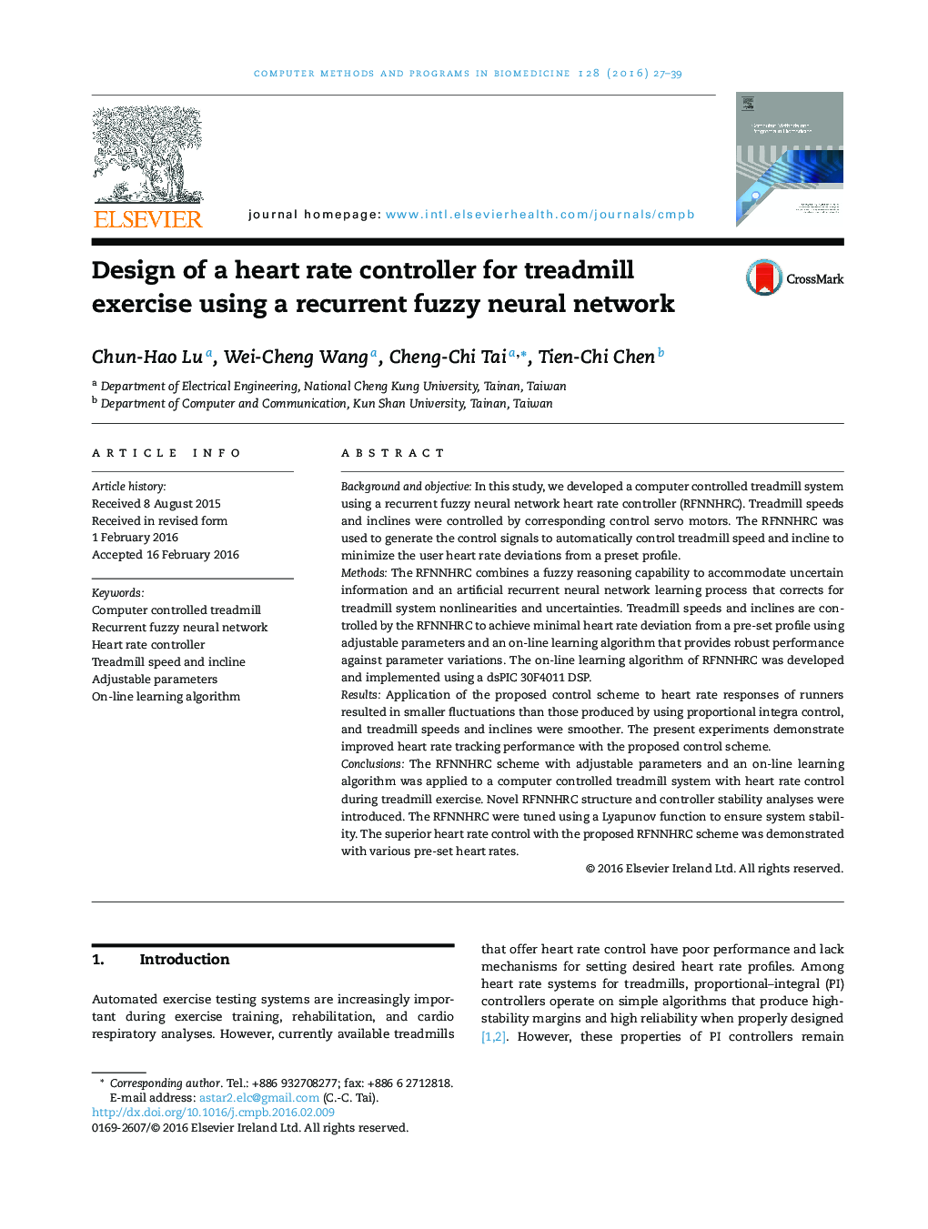 Design of a heart rate controller for treadmill exercise using a recurrent fuzzy neural network