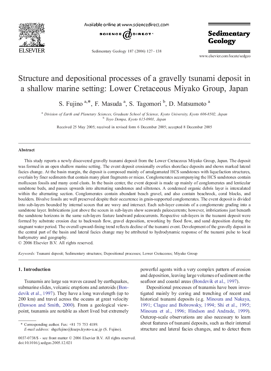 Structure and depositional processes of a gravelly tsunami deposit in a shallow marine setting: Lower Cretaceous Miyako Group, Japan