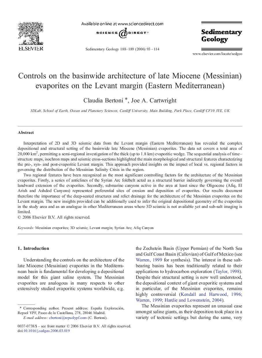 Controls on the basinwide architecture of late Miocene (Messinian) evaporites on the Levant margin (Eastern Mediterranean)