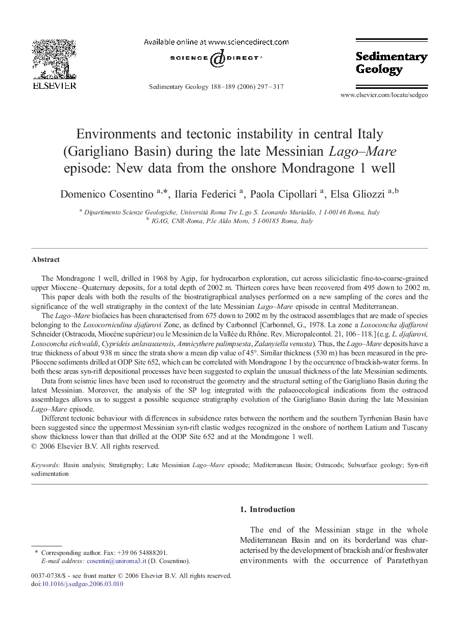 Environments and tectonic instability in central Italy (Garigliano Basin) during the late Messinian Lago–Mare episode: New data from the onshore Mondragone 1 well