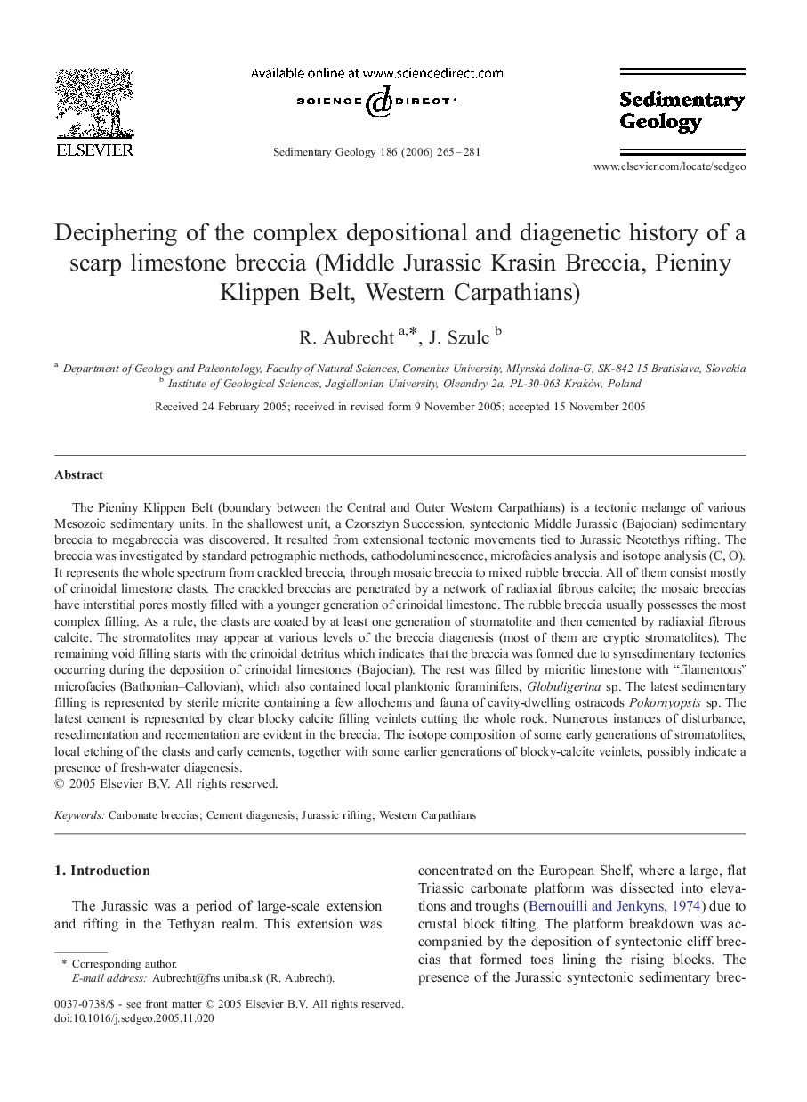 Deciphering of the complex depositional and diagenetic history of a scarp limestone breccia (Middle Jurassic Krasin Breccia, Pieniny Klippen Belt, Western Carpathians)