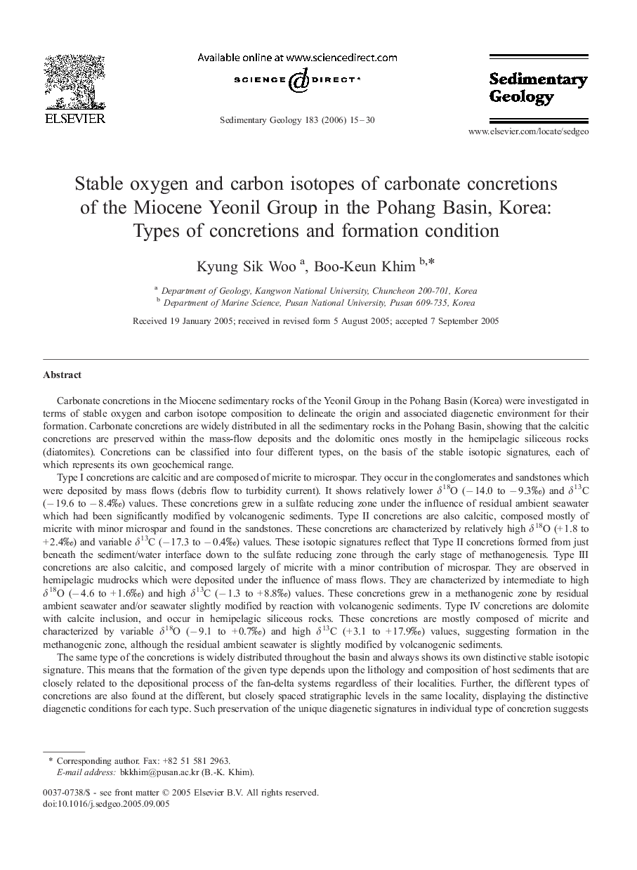 Stable oxygen and carbon isotopes of carbonate concretions of the Miocene Yeonil Group in the Pohang Basin, Korea: Types of concretions and formation condition