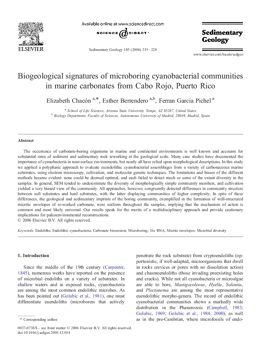 Biogeological signatures of microboring cyanobacterial communities in marine carbonates from Cabo Rojo, Puerto Rico