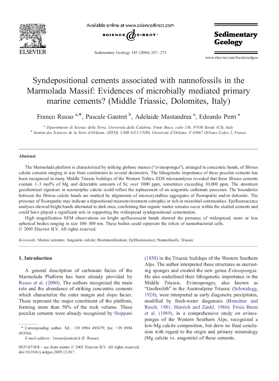 Syndepositional cements associated with nannofossils in the Marmolada Massif: Evidences of microbially mediated primary marine cements? (Middle Triassic, Dolomites, Italy)