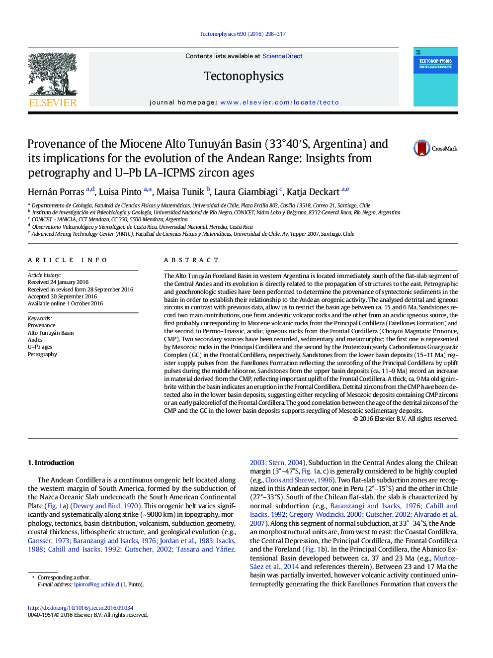 Provenance of the Miocene Alto Tunuyán Basin (33°40′S, Argentina) and its implications for the evolution of the Andean Range: Insights from petrography and U–Pb LA–ICPMS zircon ages