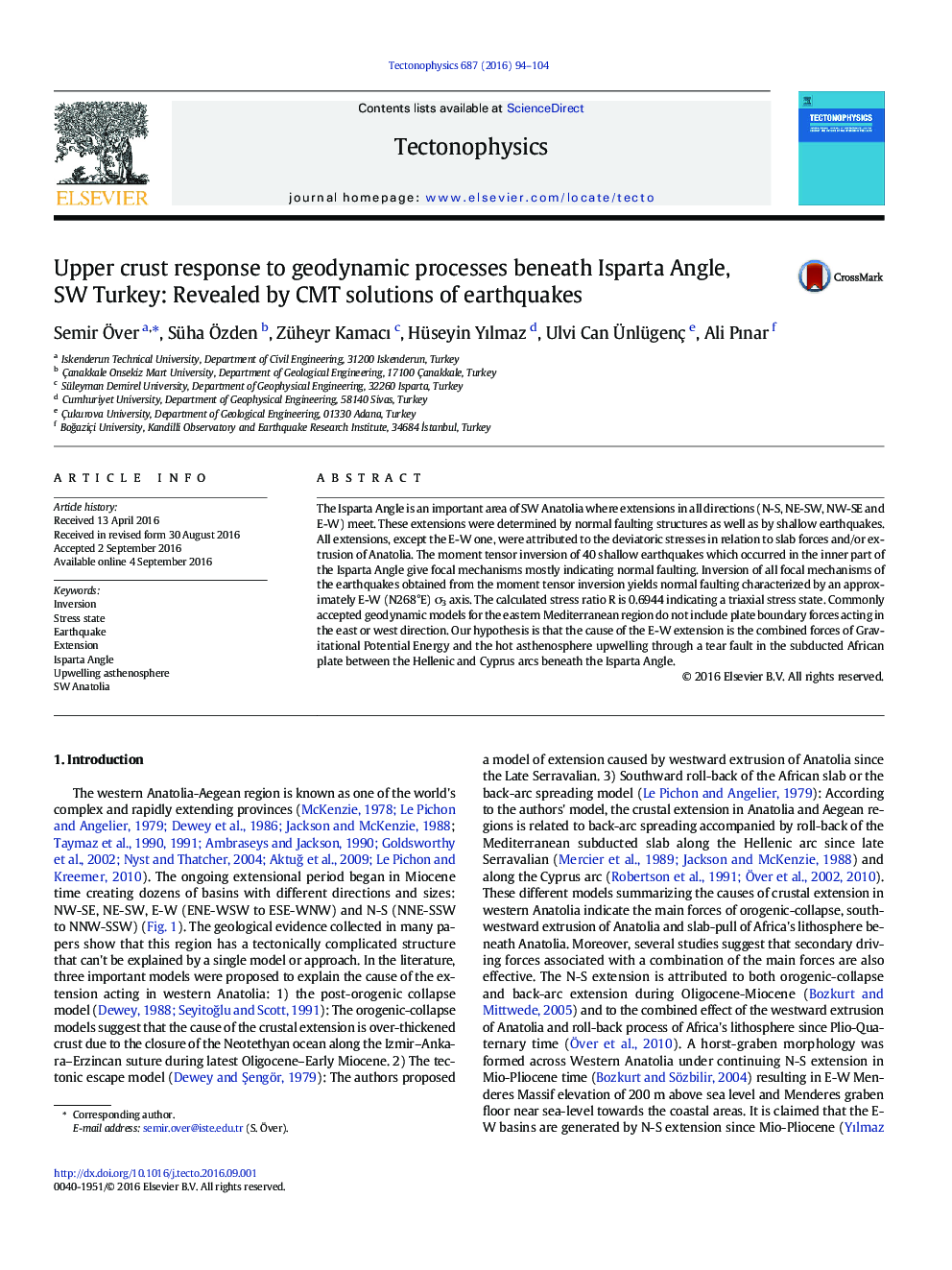 Upper crust response to geodynamic processes beneath Isparta Angle, SW Turkey: Revealed by CMT solutions of earthquakes