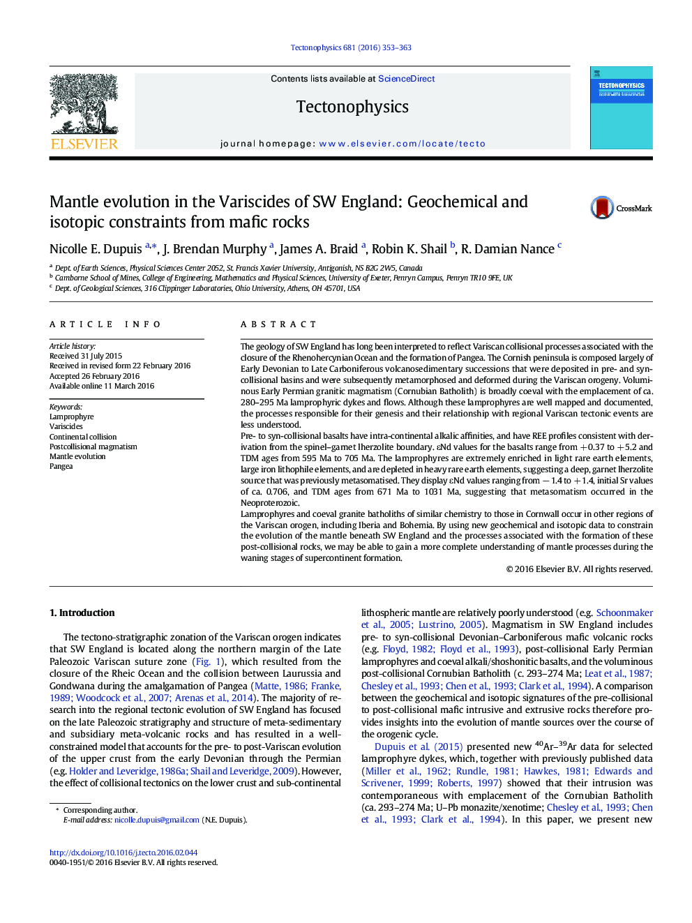 Mantle evolution in the Variscides of SW England: Geochemical and isotopic constraints from mafic rocks