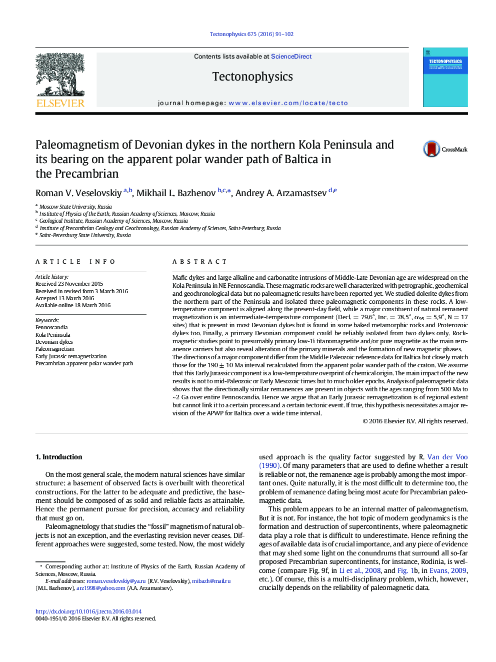 Paleomagnetism of Devonian dykes in the northern Kola Peninsula and its bearing on the apparent polar wander path of Baltica in the Precambrian