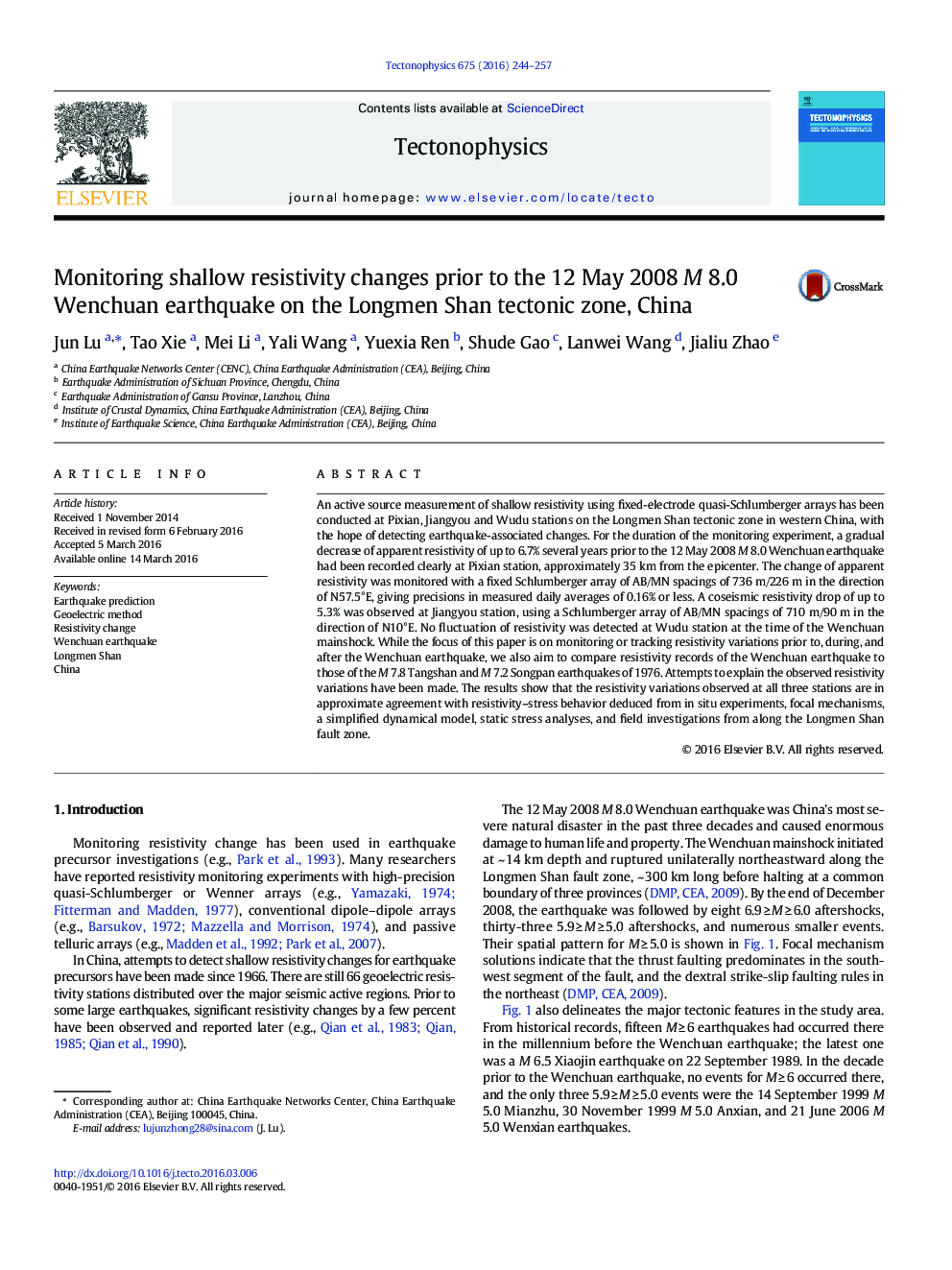 Monitoring shallow resistivity changes prior to the 12 May 2008 M 8.0 Wenchuan earthquake on the Longmen Shan tectonic zone, China