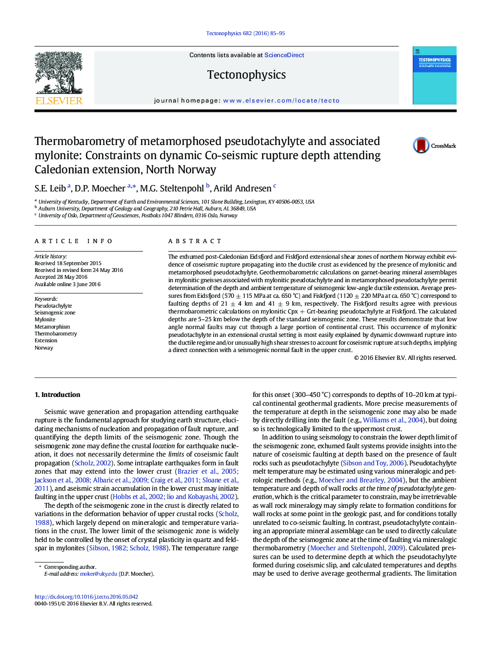 Thermobarometry of metamorphosed pseudotachylyte and associated mylonite: Constraints on dynamic Co-seismic rupture depth attending Caledonian extension, North Norway