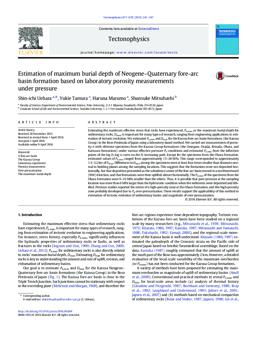 Estimation of maximum burial depth of Neogene–Quaternary fore-arc basin formation based on laboratory porosity measurements under pressure