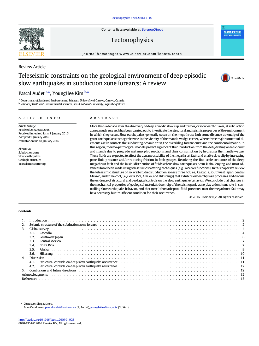 Teleseismic constraints on the geological environment of deep episodic slow earthquakes in subduction zone forearcs: A review