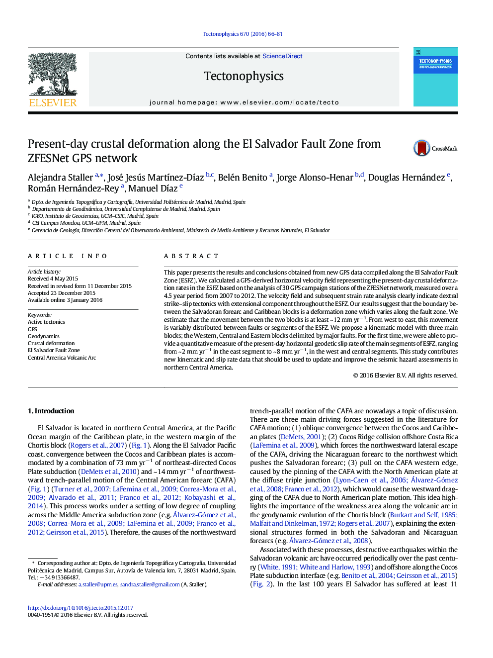 Present-day crustal deformation along the El Salvador Fault Zone from ZFESNet GPS network