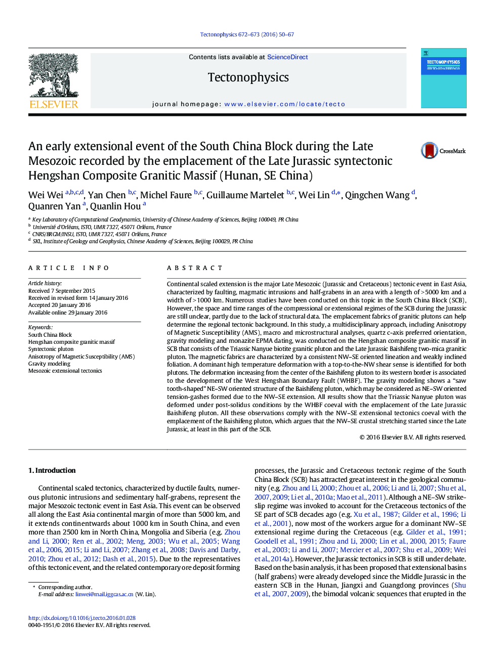 An early extensional event of the South China Block during the Late Mesozoic recorded by the emplacement of the Late Jurassic syntectonic Hengshan Composite Granitic Massif (Hunan, SE China)