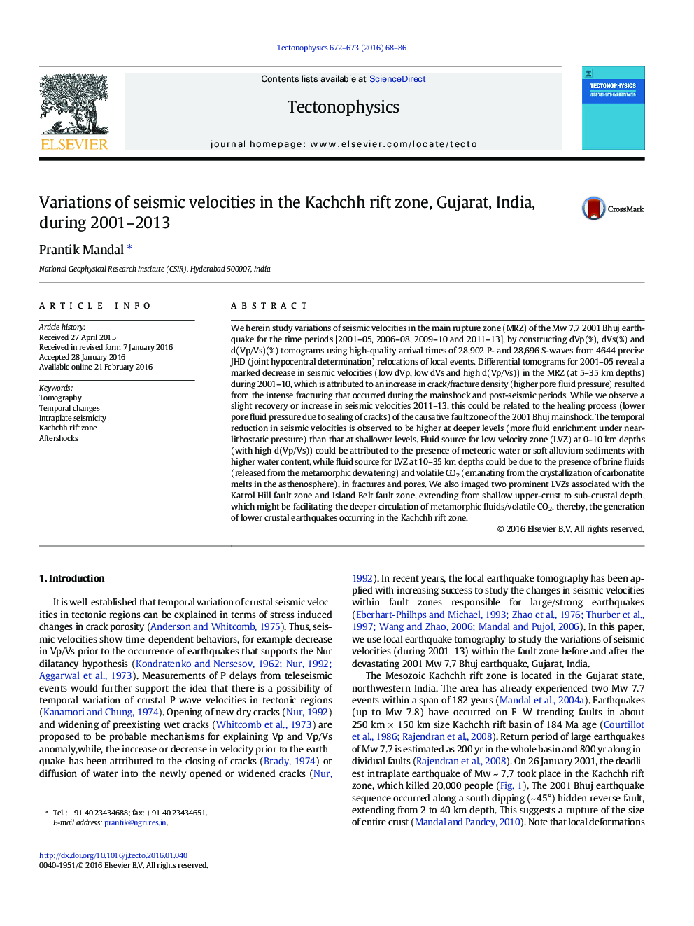 Variations of seismic velocities in the Kachchh rift zone, Gujarat, India, during 2001–2013