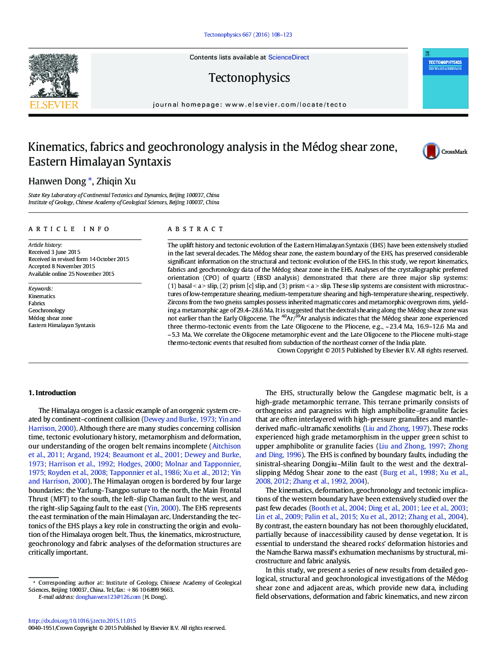 Kinematics, fabrics and geochronology analysis in the Médog shear zone, Eastern Himalayan Syntaxis