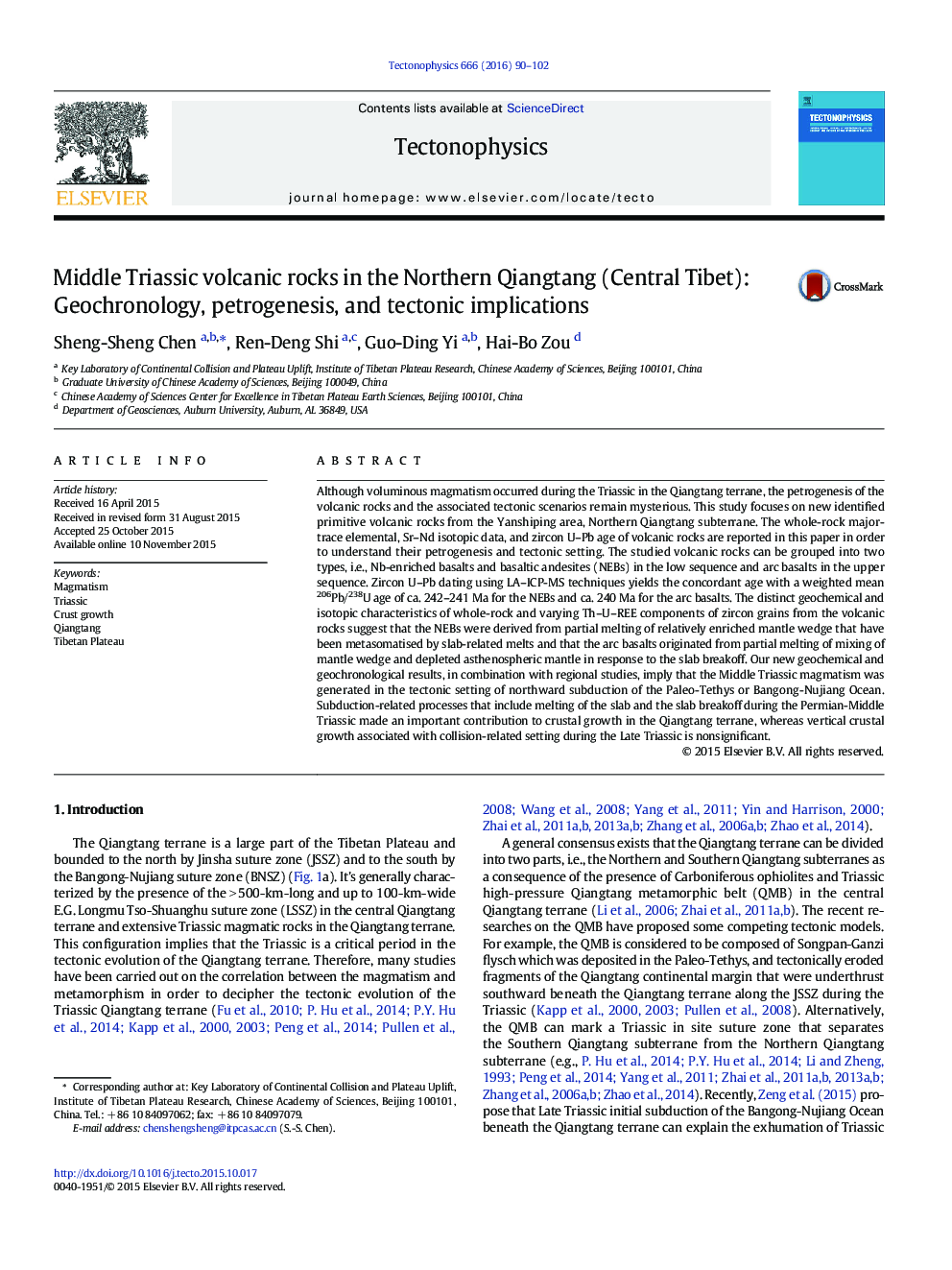 Middle Triassic volcanic rocks in the Northern Qiangtang (Central Tibet): Geochronology, petrogenesis, and tectonic implications