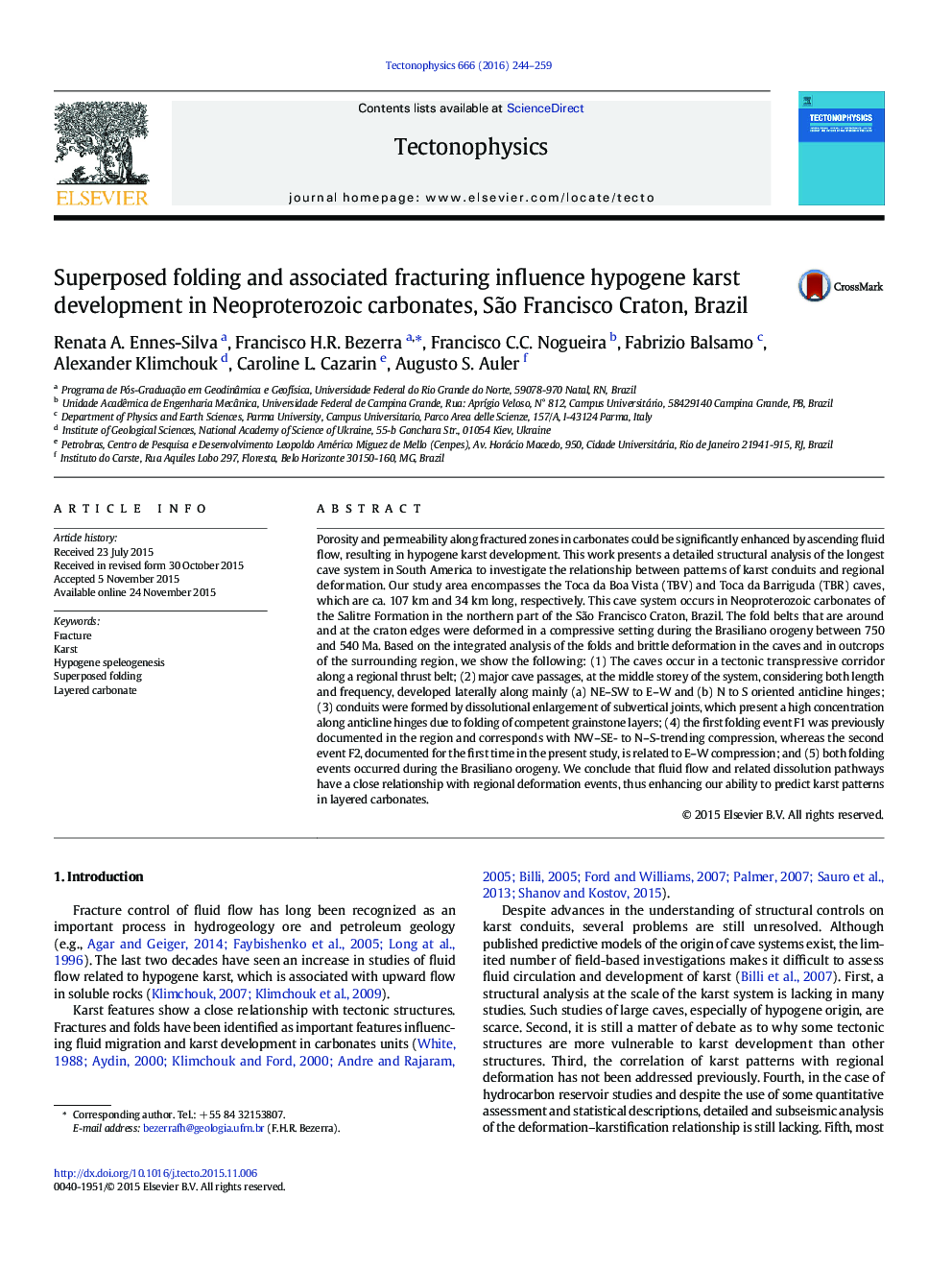 Superposed folding and associated fracturing influence hypogene karst development in Neoproterozoic carbonates, São Francisco Craton, Brazil