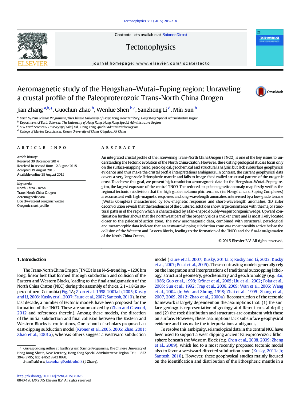 Aeromagnetic study of the Hengshan–Wutai–Fuping region: Unraveling a crustal profile of the Paleoproterozoic Trans-North China Orogen