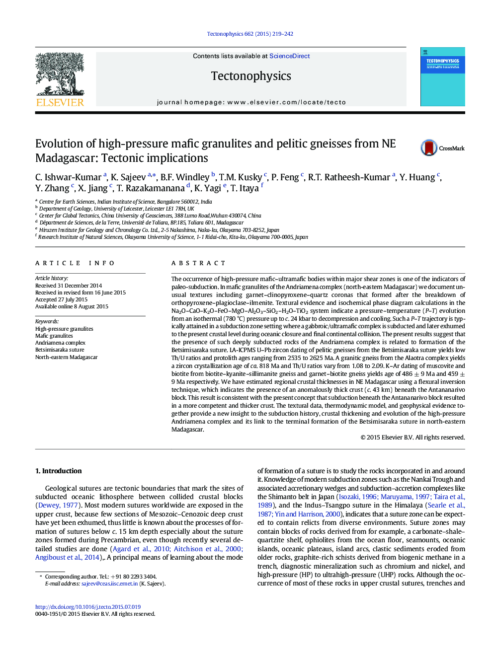 Evolution of high-pressure mafic granulites and pelitic gneisses from NE Madagascar: Tectonic implications