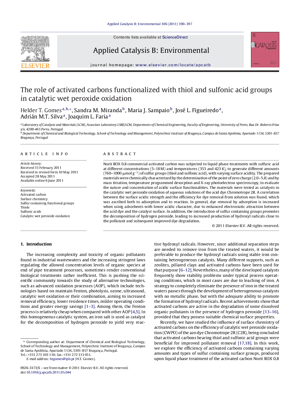 The role of activated carbons functionalized with thiol and sulfonic acid groups in catalytic wet peroxide oxidation