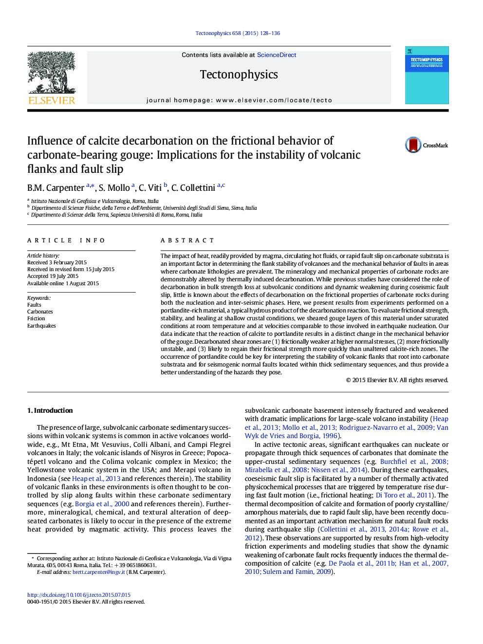 Influence of calcite decarbonation on the frictional behavior of carbonate-bearing gouge: Implications for the instability of volcanic flanks and fault slip