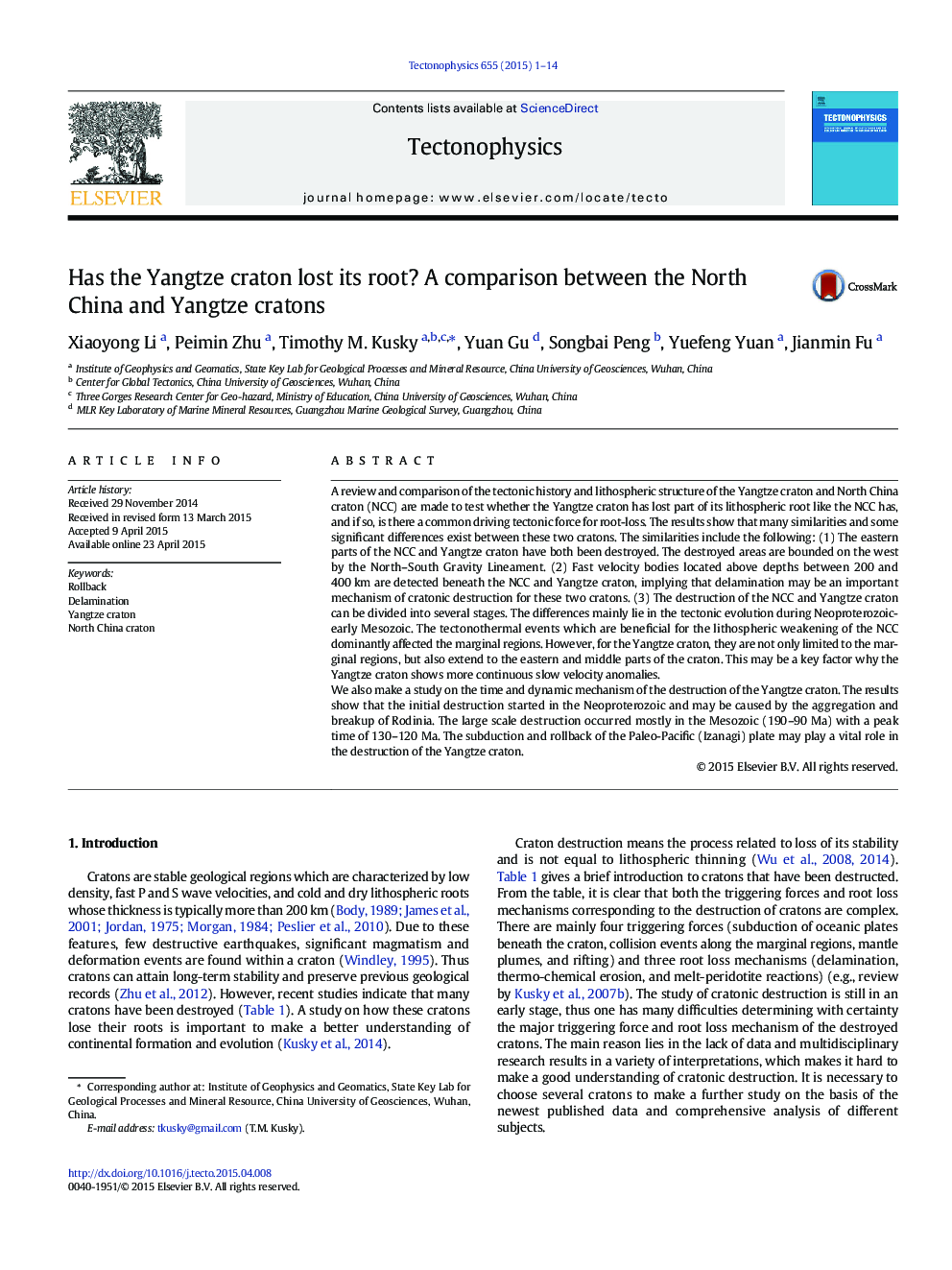 Has the Yangtze craton lost its root? A comparison between the North China and Yangtze cratons