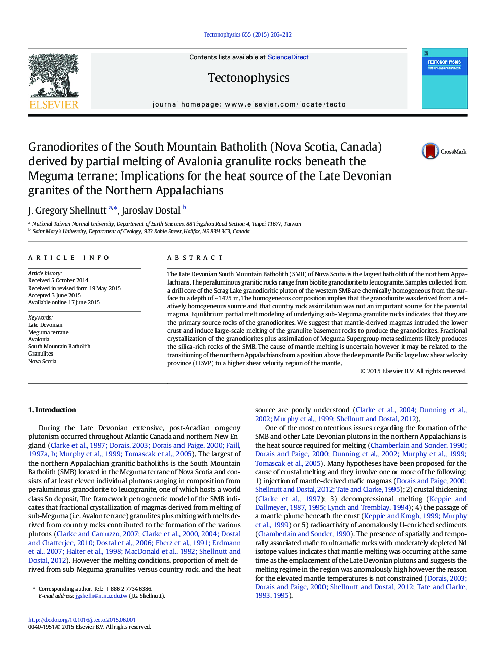 Granodiorites of the South Mountain Batholith (Nova Scotia, Canada) derived by partial melting of Avalonia granulite rocks beneath the Meguma terrane: Implications for the heat source of the Late Devonian granites of the Northern Appalachians