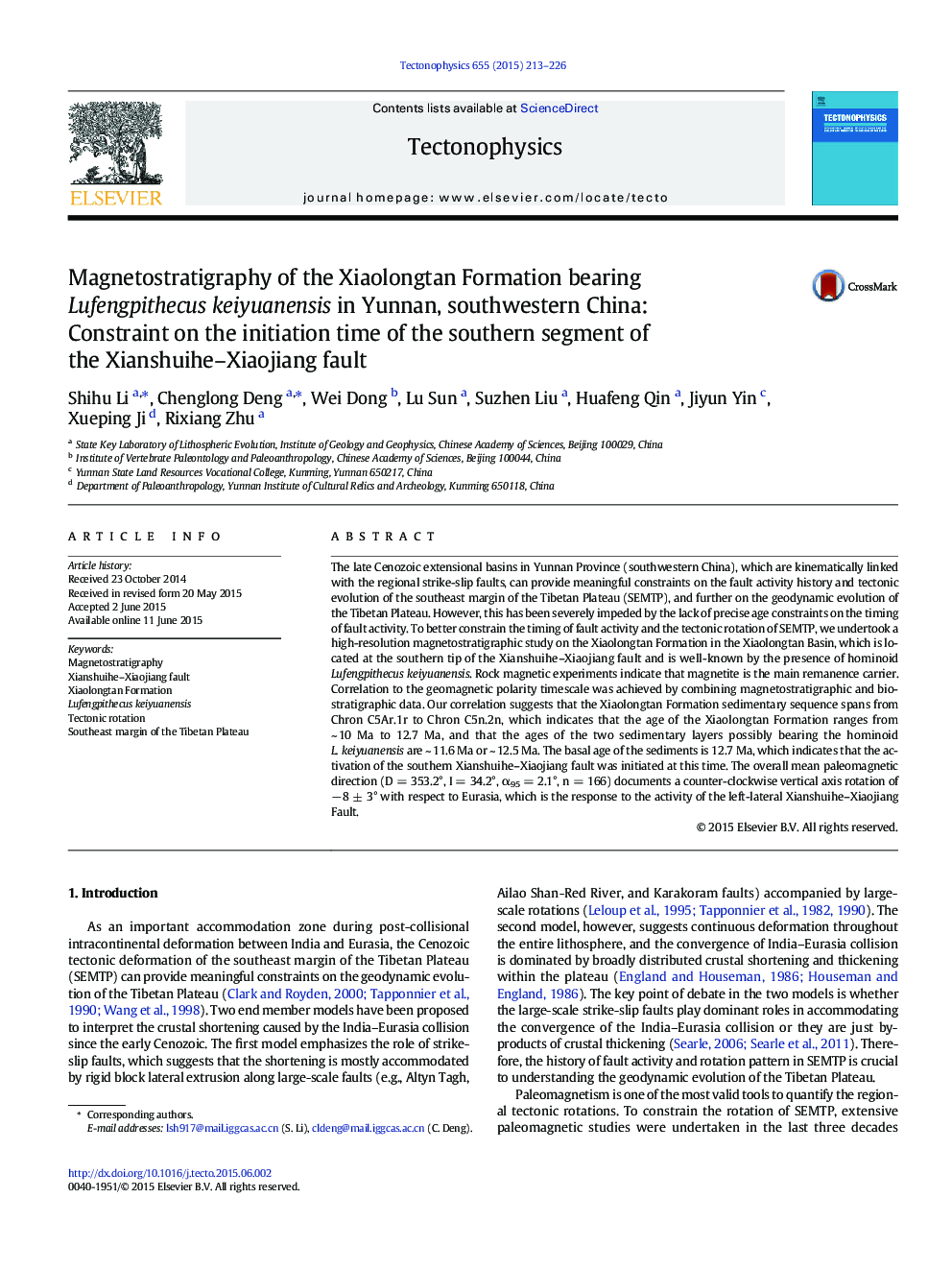 Magnetostratigraphy of the Xiaolongtan Formation bearing Lufengpithecus keiyuanensis in Yunnan, southwestern China: Constraint on the initiation time of the southern segment of the Xianshuihe–Xiaojiang fault