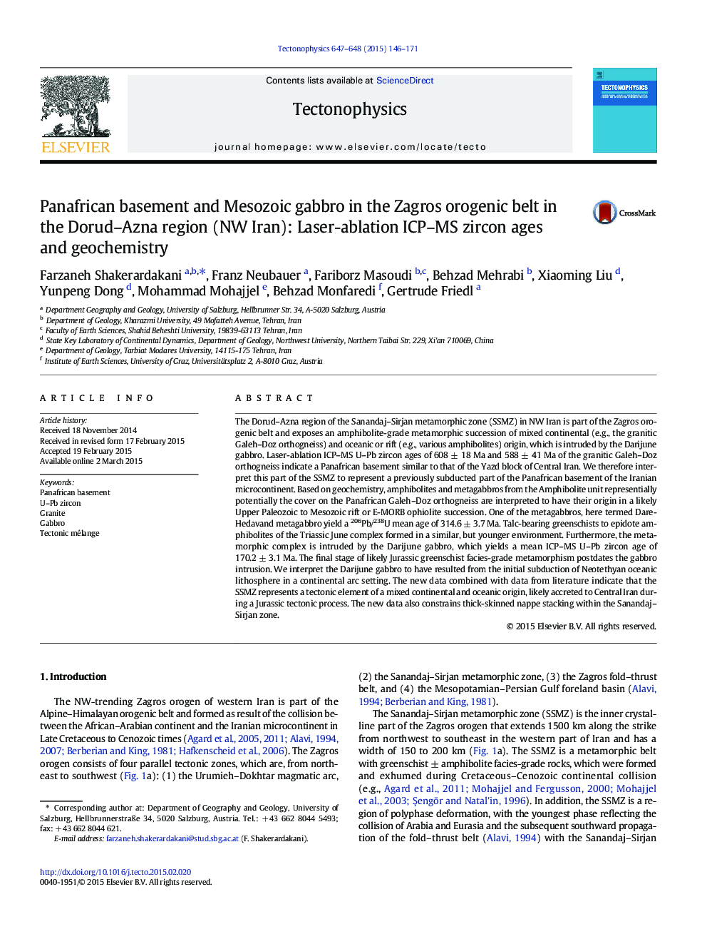 Panafrican basement and Mesozoic gabbro in the Zagros orogenic belt in the Dorud–Azna region (NW Iran): Laser-ablation ICP–MS zircon ages and geochemistry