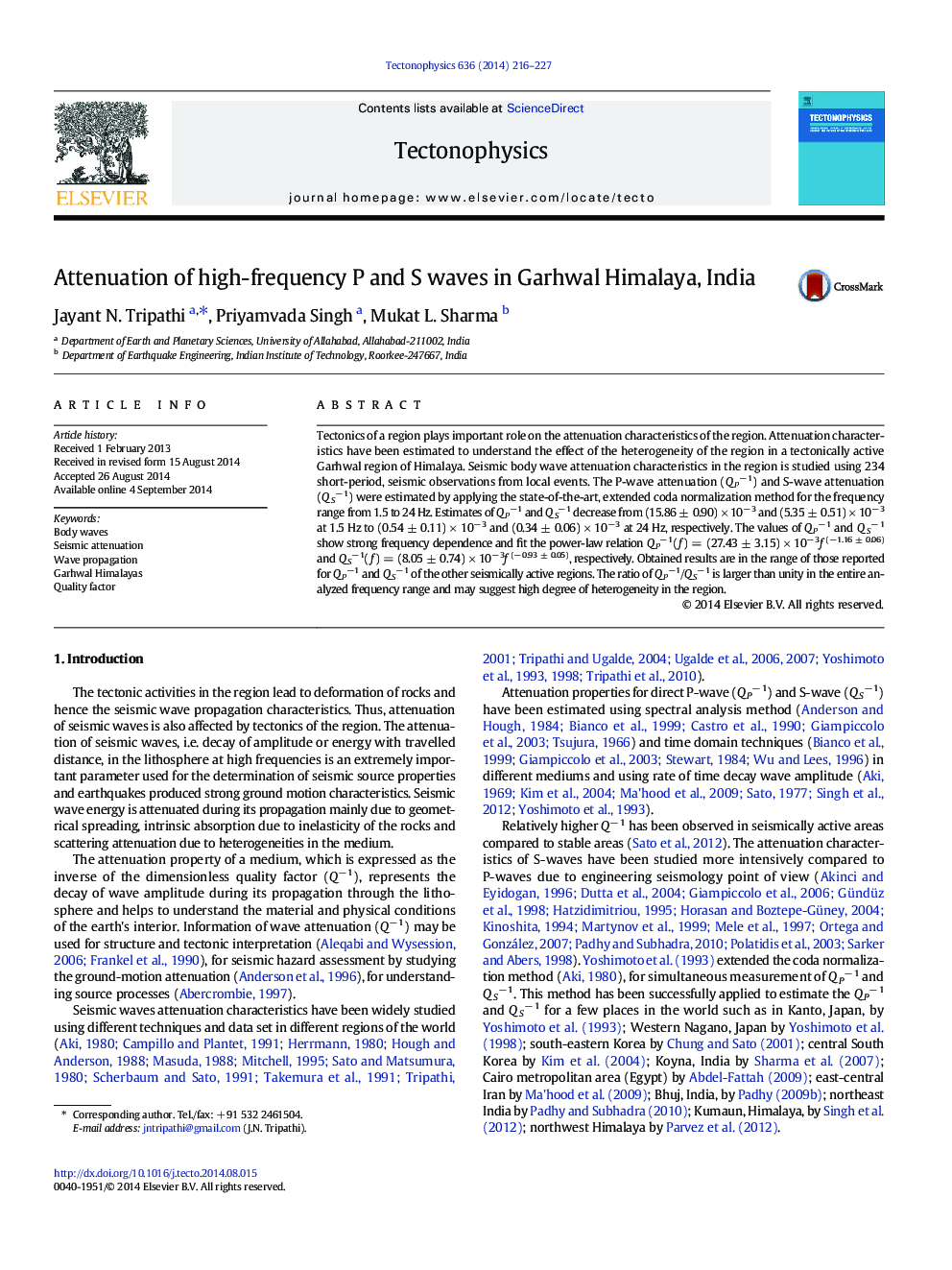 Attenuation of high-frequency P and S waves in Garhwal Himalaya, India